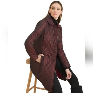 Chico's Elongated Quilted Foil Red Animal Print Coat sz 1 (US size 8/10)